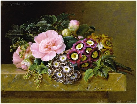 A Bouquet of Pink Camellias and Primula on Marble