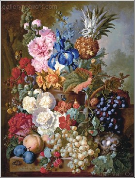 Rich Still Life With Iris, Hollyhock and Pineapple